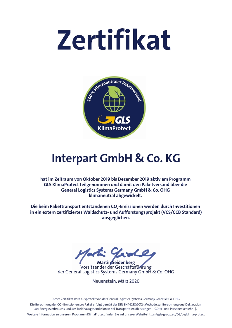 GLS KlimaProtect 2019 Zertifikat
